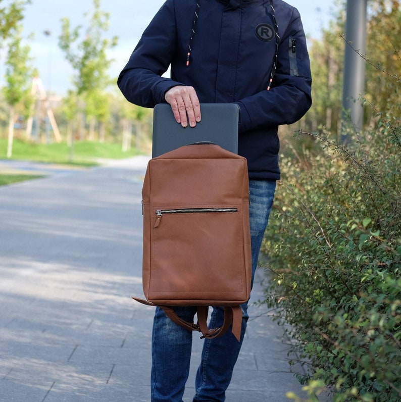 Leather Laptop Backpack Men, Macbook Shoulder Bag Personalized, Computer Bag for Dad, Slim Laptop Bag, Custom College Backpack