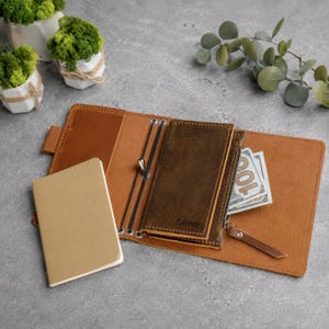 Puede incluir: Una funda de cuero color canela para cuaderno de viaje con sistema de cordones elásticos, un bolsillo con cremallera marrón oscuro con el nombre Oliver grabado en el frente y un cuaderno beige. El bolsillo contiene un billete de cien dólares.