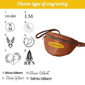May include: A brown leather fanny pack with a zipper closure and an oval yellow label reading Engraving here. The image displays twelve numbered engraving options including dates, initials, a deer head, floral designs, a feather, and names.