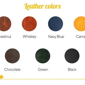 May include: A color chart titled Leather colors featuring seven circular swatches in chestnut, whiskey, navy blue, camel, chocolate, green, and black. Each circle is labeled with its corresponding color name below it, and a small yellow chameleon icon is at the bottom.