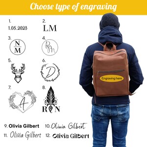 May include: A brown leather backpack with a yellow oval label that says "Engraving here". The backpack is shown on a person wearing blue jeans and a dark blue hooded sweatshirt. The image also shows 12 different engraving options, including initials, dates, and a deer silhouette.
