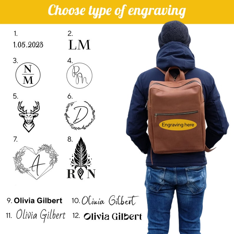 May include: A brown leather backpack with a yellow oval label that says "Engraving here". The backpack is shown on a person wearing blue jeans and a dark blue hooded sweatshirt. The image also shows 12 different engraving options, including initials, dates, and a deer silhouette.