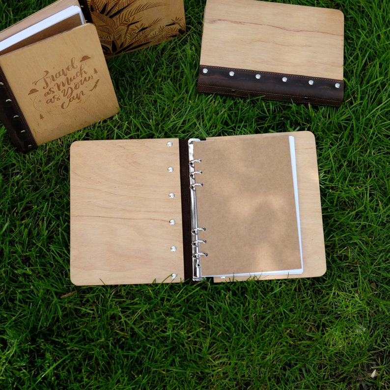 Journal en bois personnalisé, reliure en bois personnalisée, cahier en bois et cuir, reliure à anneaux A5, cahier rechargeable, agenda à anneaux image 7