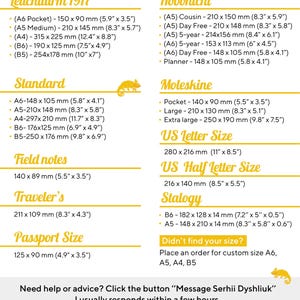 May include: A white background displays a list of notebook sizes from brands like Leuchtturm 1917, Hobonichi, and Moleskine. Sizes are listed in inches and millimeters, including US Letter and Half Letter sizes. The text includes "Didn't find your size?" with instructions.