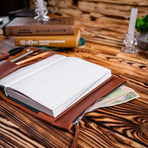 May include: A brown leather journal with a zippered pocket and a green interior. The journal is open and has blank pages. There are pencils and pens in the pocket.