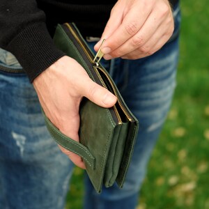 Cartera larga para hombre con asa, cartera minimalista de cuero, cartera personalizada, cartera para teléfono para marido, cartera con cremallera personalizada para papá