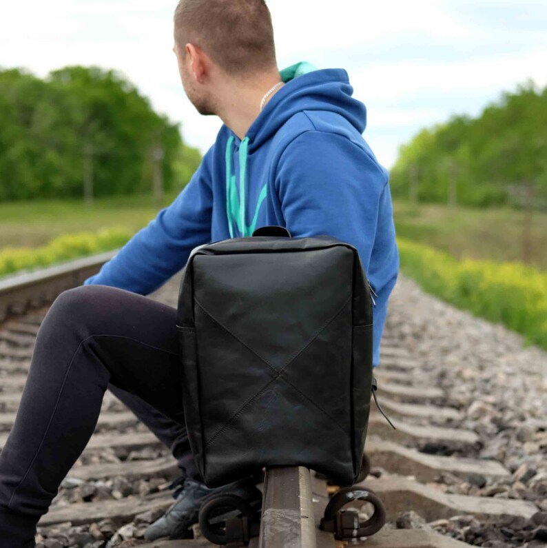 Leather Backpack Men, Backpack for Laptop, Custom College Gift, MacBook Backpack Minimalist Black