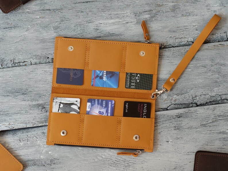 Leather wristlet wallet with phone compartment, Slim wristlet phone wallet, Custom wallet with card slots, Personalized gift Camel