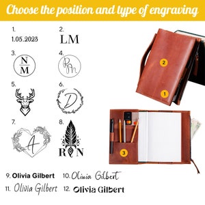May include: A brown leather notebook cover with a zipper closure and three pockets. The cover has the numbers 1, 2, and 3 written on it. The notebook cover is open to reveal a blank notebook with pencils and a credit card inside. The image also shows a variety of design options for engraving on the cover, including initials, dates, and images.
