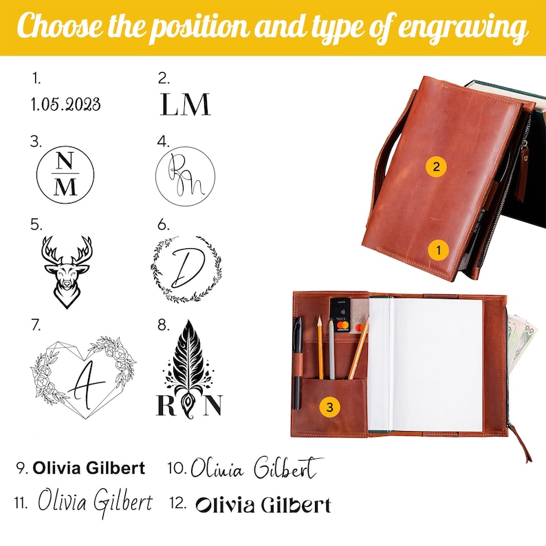 May include: A brown leather notebook cover with a zipper closure and three pockets. The cover has the numbers 1, 2, and 3 written on it. The notebook cover is open to reveal a blank notebook with pencils and a credit card inside. The image also shows a variety of design options for engraving on the cover, including initials, dates, and images.