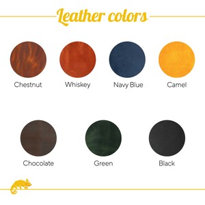 May include: Leather color chart with nine different colors: chestnut, whiskey, navy blue, camel, chocolate, green, black. The colors are displayed in circles.