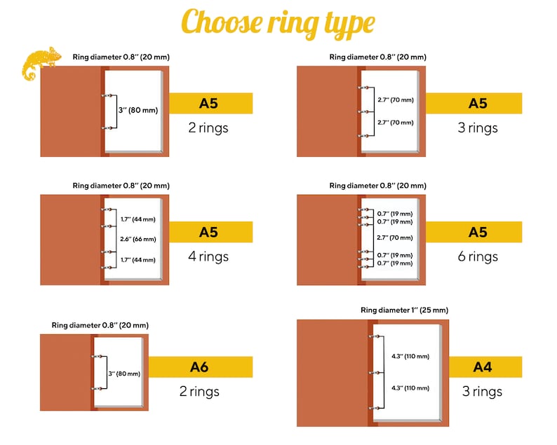 May include: Diagram showing different ring sizes and types for binders. The image shows six different binder sizes with different ring diameters and ring counts. The sizes are A5 and A6 with ring diameters of 0.8 inches (20 mm) and 1 inch (25 mm). The ring counts are 2, 3, 4, and 6.