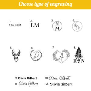 May include: A graphic showing 12 different engraving options for a personalized gift. The options include dates, initials, a deer, a wreath, a heart with flowers, a feather, and names.