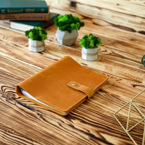 May include: A brown leather bound journal with a white page visible and a metal clasp. The journal is on a wooden table with three small potted plants.