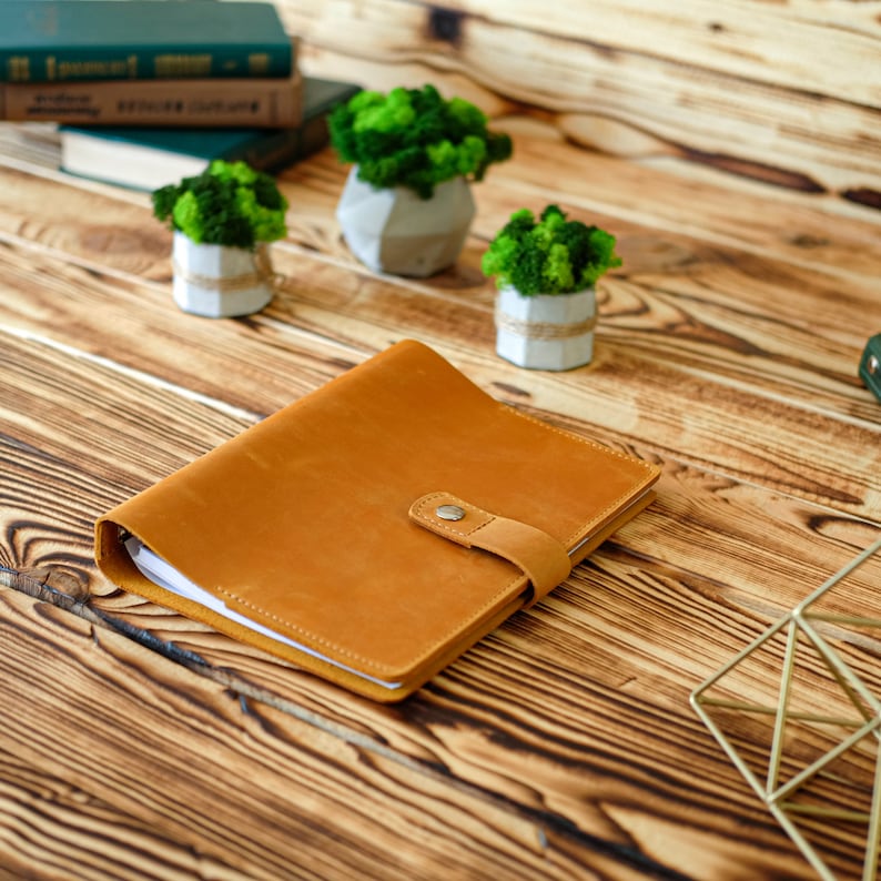 May include: A brown leather bound journal with a white page visible and a metal clasp. The journal is on a wooden table with three small potted plants.