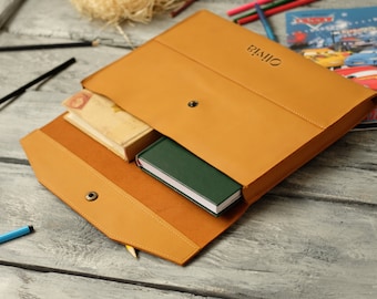 Personalized A4 Folder, Business Portfolio with Engraving, Genuine Leather Document Folio, Slim Documents Bag, Book Sleeve