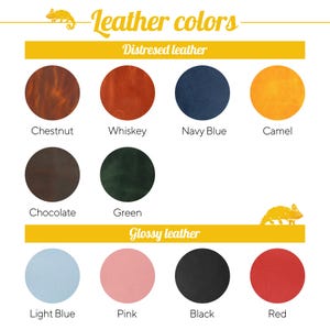 Puede incluir: Una carta de colores titulada Leather colors que presenta dos categor&iacute;as: Distressed leather y Glossy leather. El cuero envejecido incluye Chestnut, Whiskey, Navy Blue, Camel, Chocolate y Green. El cuero brillante incluye Light Blue, Pink, Black y Red.