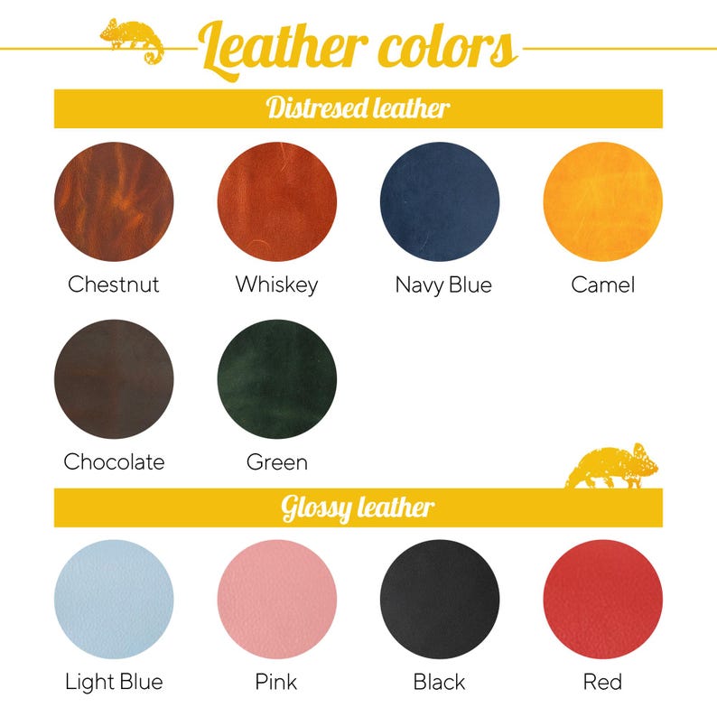 Puede incluir: Una carta de colores titulada Leather colors que presenta dos categor&iacute;as: Distressed leather y Glossy leather. El cuero envejecido incluye Chestnut, Whiskey, Navy Blue, Camel, Chocolate y Green. El cuero brillante incluye Light Blue, Pink, Black y Red.
