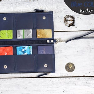 Leather wristlet wallet with phone compartment, Slim wristlet phone wallet, Custom wallet with card slots, Personalized gift Navy blue