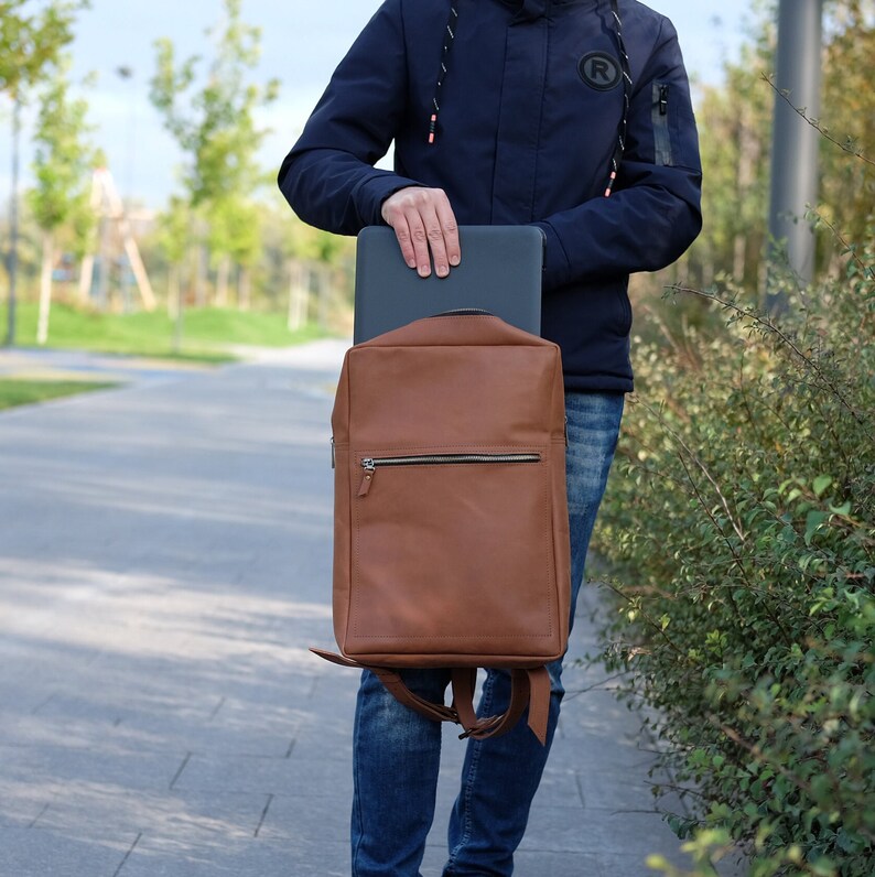 Leather backpack with pocket outside, Large Laptop backpack, Women and Men leather backpack 17 x 11 inches image 9