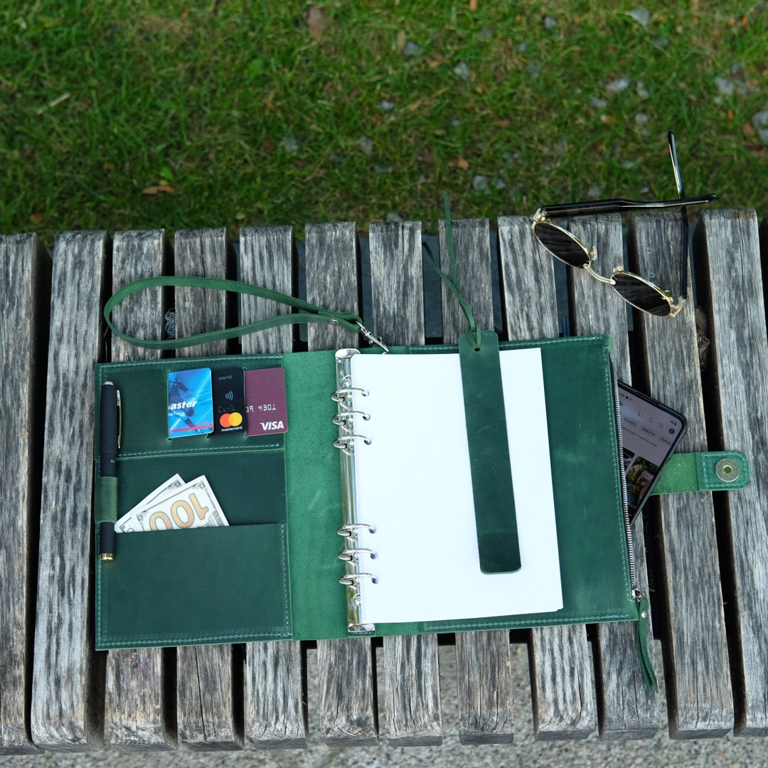 Leather A5 Notebook With Handle and Bookmark, Personalized Ring Binder