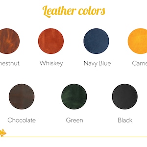 Puede incluir: Imagen que muestra ocho muestras circulares de cuero en varios colores. Los colores incluyen casta&ntilde;o, whisky, azul marino, camello, chocolate, verde y negro. El texto "Leather colors" est&aacute; en escritura amarilla en la parte superior.