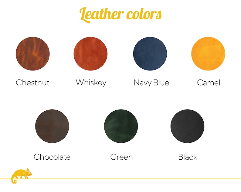 Puede incluir: Imagen que muestra ocho muestras circulares de cuero en varios colores. Los colores incluyen casta&ntilde;o, whisky, azul marino, camello, chocolate, verde y negro. El texto "Leather colors" est&aacute; en escritura amarilla en la parte superior.