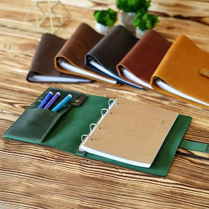 Può includere: Un raccoglitore in pelle verde con un meccanismo a quattro anelli che trattiene un quaderno color cuoio. L'interno presenta una tasca con il nome Mark impresso, contenente tre penne. Altri raccoglitori in pelle marrone, nera e cuoio sono sullo sfondo.