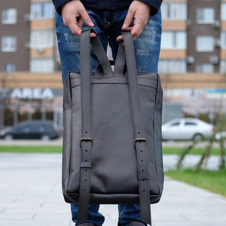 Leather backpack with pocket outside, Large Laptop backpack, Women and Men leather backpack 17 x 11 inches image 2