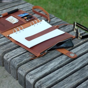 Leather Notebook with Bookmark, Engraved Wristlet Planner A5 A4, Ring Binder with Pocket, Custom Refillable Journal Discbound, Coworker Gift