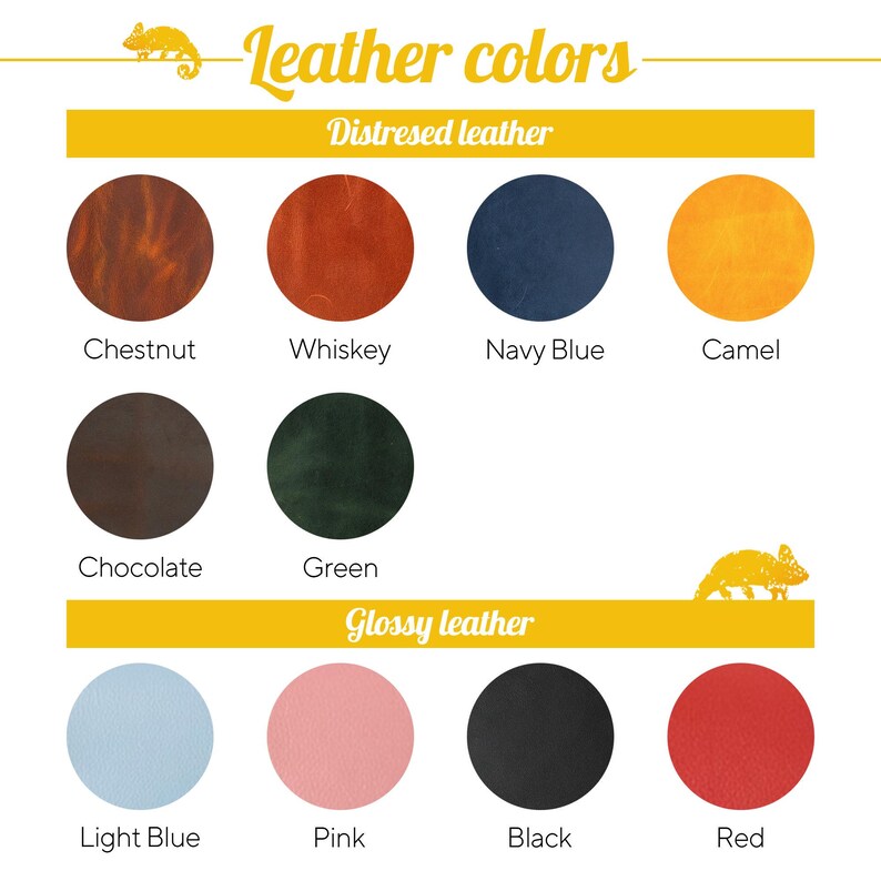 a collection of leather color samples, including distressed leather, glossy leather, and various other colors such as chestnut, whiskey, navy blue, camel, chocolate, green, black, light blue, pink, black, and red.