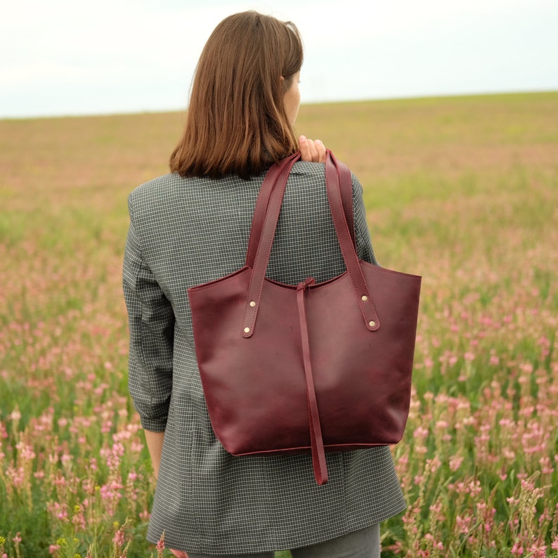 Leather women tote bag Purse with pocket outside Leather | Etsy