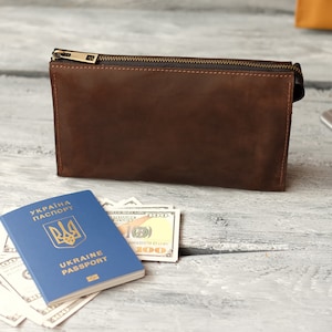 Cartera larga con cremallera, cartera de cuero con grabado, regalo personalizado para hombre y mujer, regalo para mamá, regalo para el Día del Padre, regalo para papá Chocolate