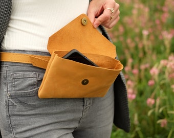 Women mustard leather fanny pack Women bag with removable strap