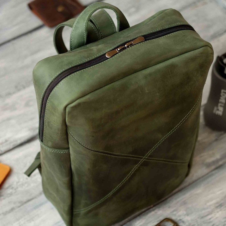 Leather Backpack Men, Backpack for Laptop, Custom College Gift, MacBook Backpack Minimalist Green