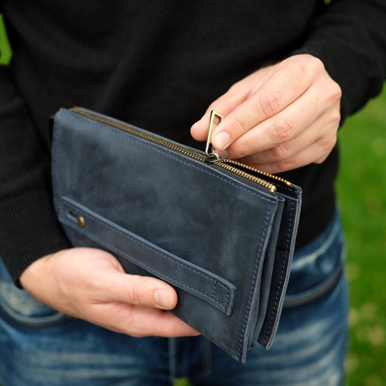 Personalized Long Wallet with Handle, Leather Zipper Wallet, Mens Leather Wallet with Card Slots, Best Men Gift, Engraved Wallet