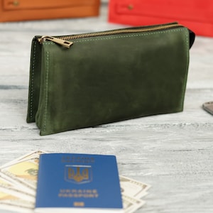 Cartera larga personalizada con asa, cartera de cuero con cremallera, cartera de cuero para hombre con ranuras para tarjetas, el mejor regalo para hombres, cartera grabada Green