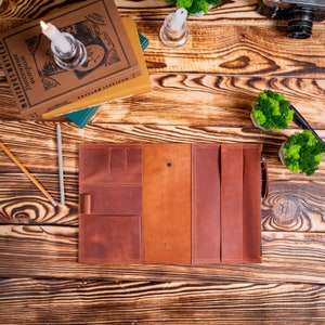 May include: A brown leather journal with a zipper closure and multiple pockets. The journal is open and lying flat on a wooden surface.