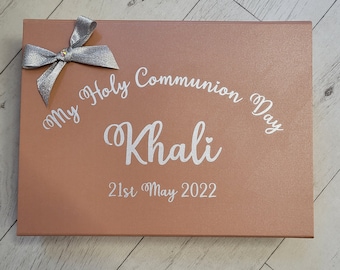 Keepsake Personalised Communion Gift Box in Unique and luxurious rose gold matt pearl lustre