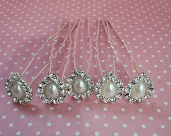 Pear shape Pearl & diamond hair pins  (5qty)