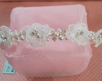 fabric flower, pearl and crystal band (5093)