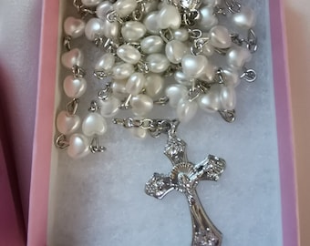 Rosary beads, Heart in White, Pink & Blue.