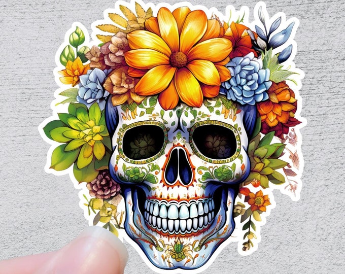 Floral Skull Sticker | Flower Bouquet Sugar Skull | Calavera Plant Flowers Water bottle Laptop Sticker Halloween Spooky Season