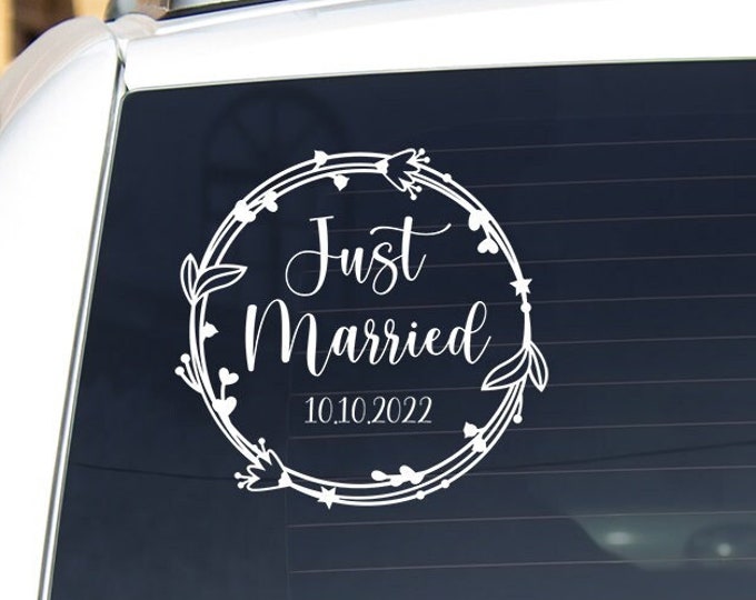 Vinyl Car Decal | Just Married Custom Decal | Car Vehicle SUV Truck Van Permanent Sticker Wedding Decor Honeymoon Bachelorette Bride Groom