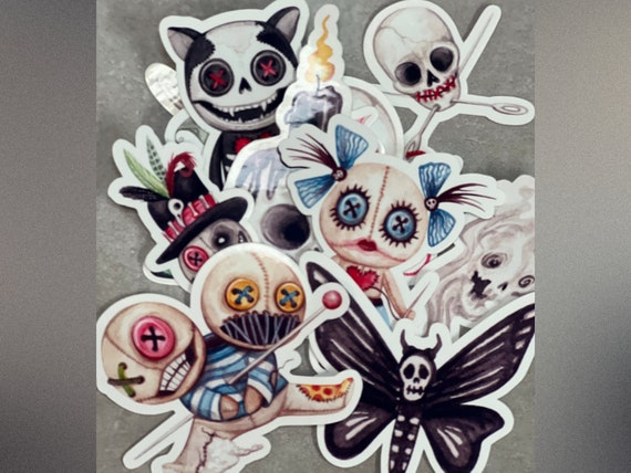 Voodoo Halloween Die Cut Stickers - Pack of 10 | Spooky Skulls Twins Doll Sewing Ghost
