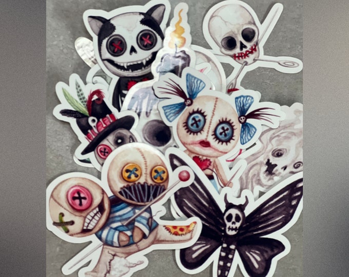 Voodoo Halloween Die Cut Stickers - Pack of 10 | Spooky Skulls Twins Doll Sewing Ghost