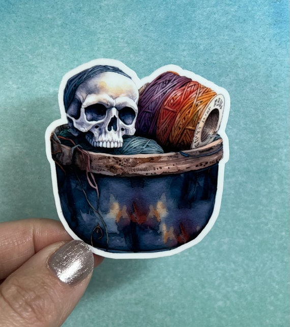 Skull Yarn Bucket Sticker | Yarn Sticker Knitting Crochet Die Cut Sticker Rainbow Waterbottle Laptop Sticker Goth Skulls