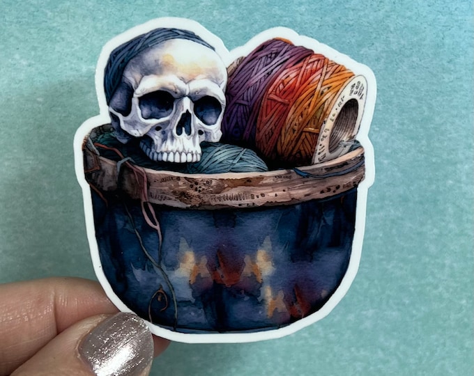 Skull Yarn Bucket Sticker | Yarn Sticker Knitting Crochet Die Cut Sticker Rainbow Waterbottle Laptop Sticker Goth Skulls