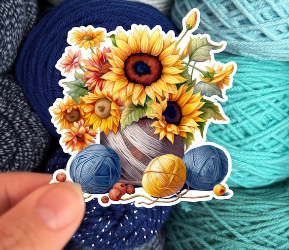 Sunflowers and Yarn Skeins Sticker #1- Die Cut Matte or Glossy Stickers for Knitter Crocheter or Spinner