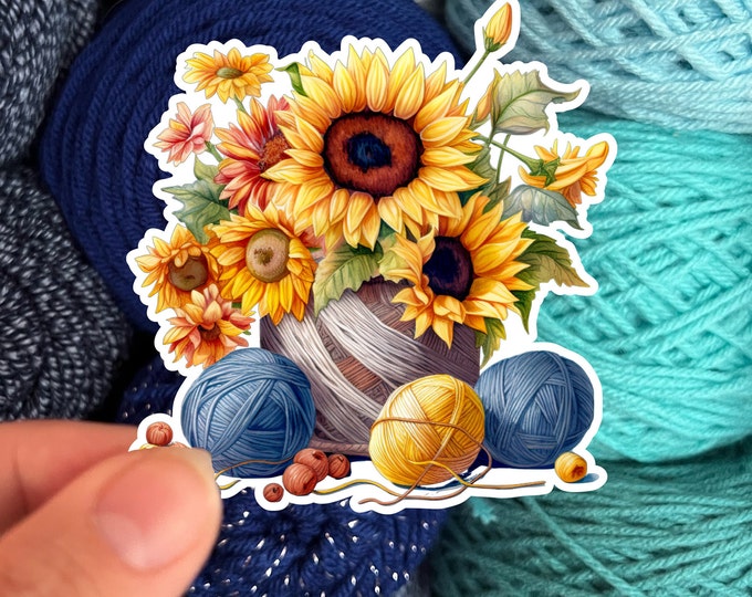 Sunflowers and Yarn Skeins Sticker #1- Die Cut Matte or Glossy Stickers for Knitter Crocheter or Spinner